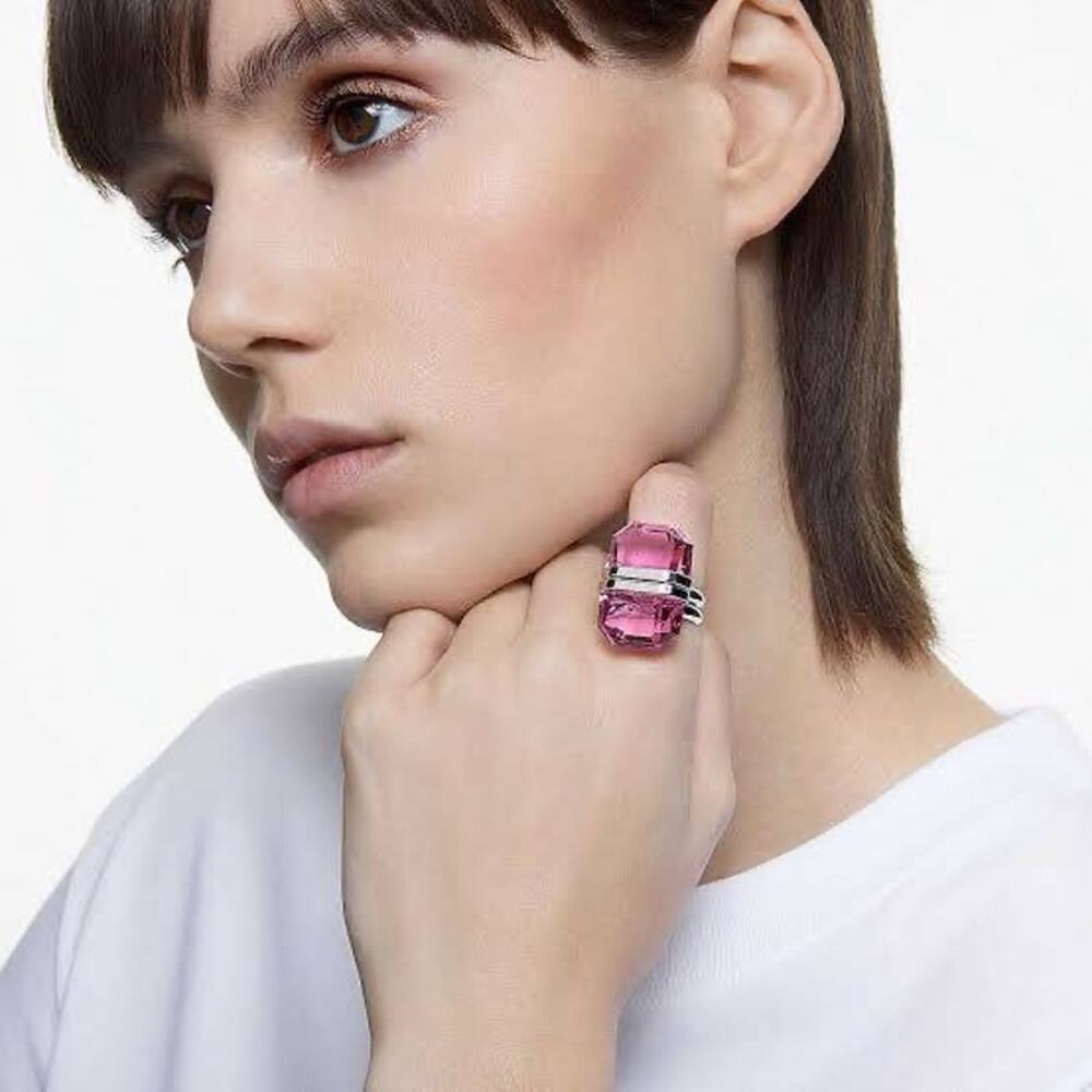 Swarovski Lucent Pink Crystal Magnetic Cocktail Ring Silver Tone Size 54 US 7